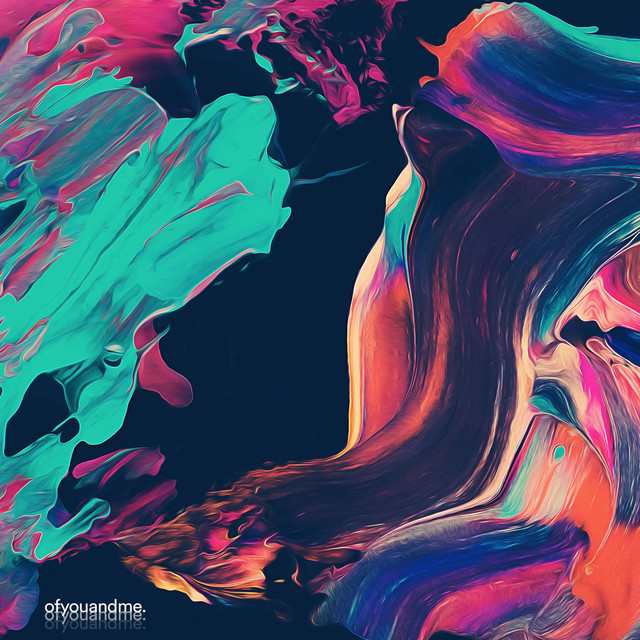 Cover for Ofyouandme.: turquoise and magenta paint strokes over black, swelling into orange down the right side.